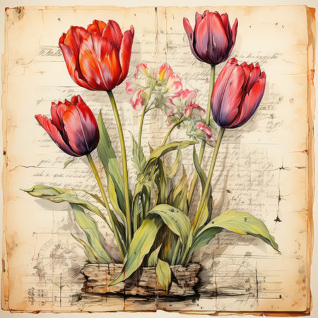 tulip Botanical Scrapbook Sketches flowers illustration collage postcard print bouquet posterの素材