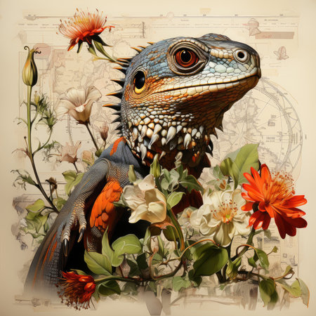 lizard Botanical Scrapbook Sketches flowers illustration collage postcard print bouquet posterの素材