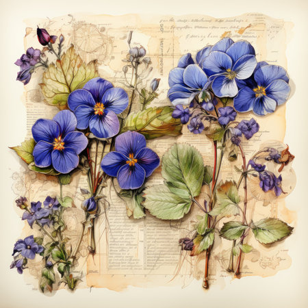 violet Botanical Scrapbook Sketches flowers illustration collage postcard print bouquet posterの素材