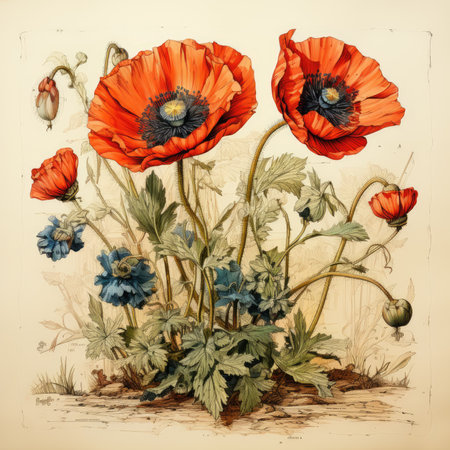 poppies Botanical Scrapbook Sketches flowers illustration collage postcard print bouquet posterの素材