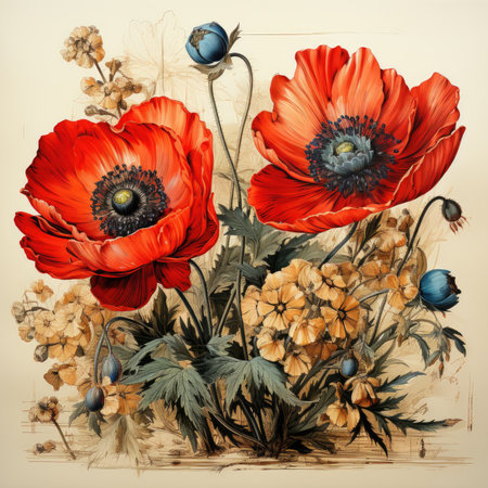 poppies Botanical Scrapbook Sketches flowers illustration collage postcard print bouquet posterの素材