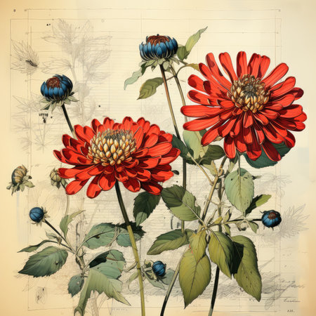 dahlias Botanical Scrapbook Sketches flowers illustration collage postcard print bouquet posterの素材