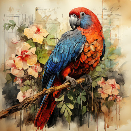 parrot Botanical Scrapbook Sketches flowers illustration collage postcard print bouquet posterの素材