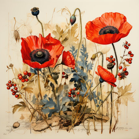 poppies Botanical Scrapbook Sketches flowers illustration collage postcard print bouquet posterの素材