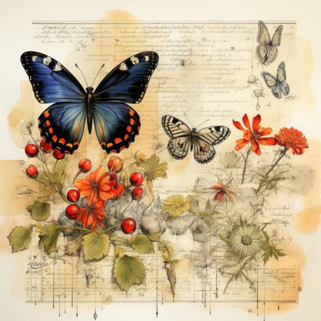 butterfly Botanical Scrapbook Sketches flowers illustration collage postcard print bouquet posterの素材