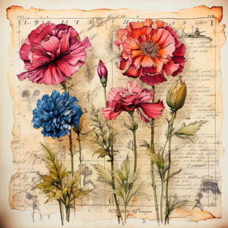carnation Botanical Scrapbook Sketches flowers illustration collage postcard print bouquet posterの素材