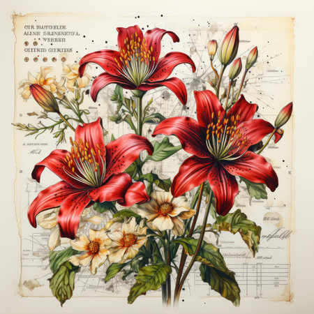 lily Botanical Scrapbook Sketches flowers illustration collage postcard print bouquet posterの素材