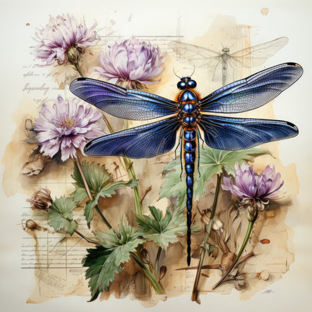 dragonfly Botanical Scrapbook Sketches flowers illustration collage postcard print bouquet posterの素材