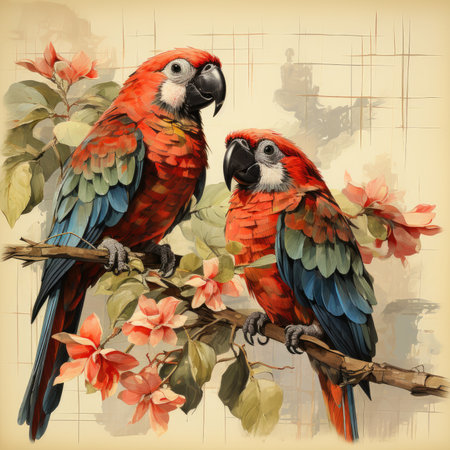parrot Botanical Scrapbook Sketches flowers illustration collage postcard print bouquet posterの素材