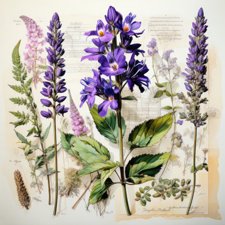 lavender Botanical Scrapbook Sketches flowers illustration collage postcard print bouquet posterの素材