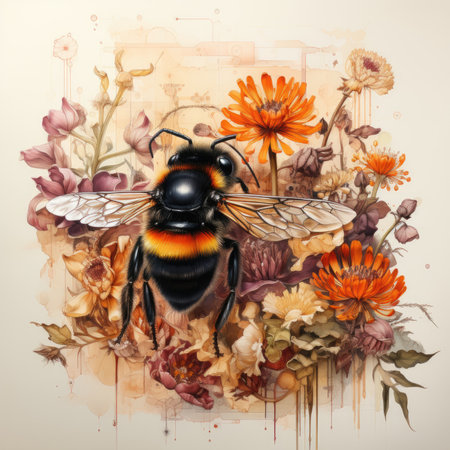 bumblebee bee Botanical Scrapbook Sketches flowers illustration collage postcard print bouquet posterの素材