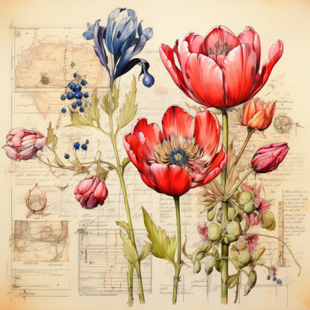 tulip Botanical Scrapbook Sketches flowers illustration collage postcard print bouquet posterの素材