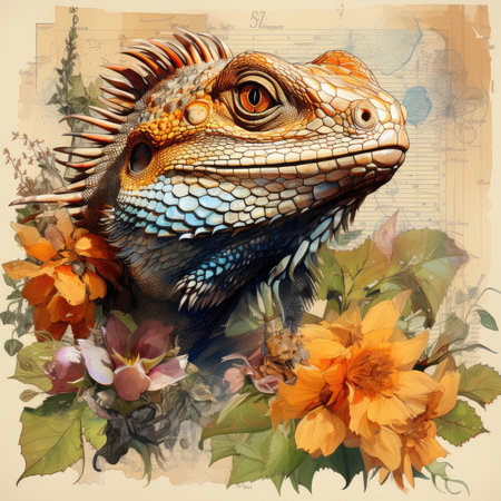 lizard Botanical Scrapbook Sketches flowers illustration collage postcard print bouquet posterの素材