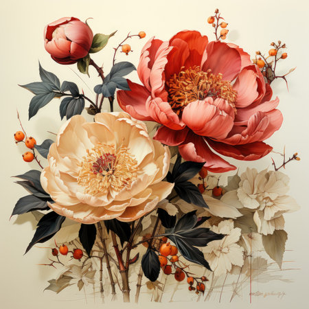 peony Botanical Scrapbook Sketches flowers illustration collage postcard print bouquet posterの素材