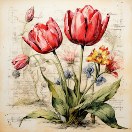 tulip Botanical Scrapbook Sketches flowers illustration collage postcard print bouquet posterの素材