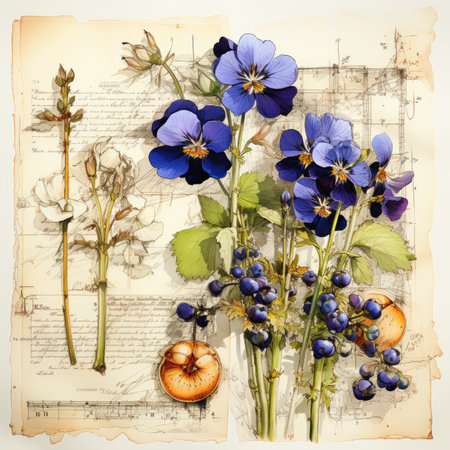 violet Botanical Scrapbook Sketches flowers illustration collage postcard print bouquet posterの素材