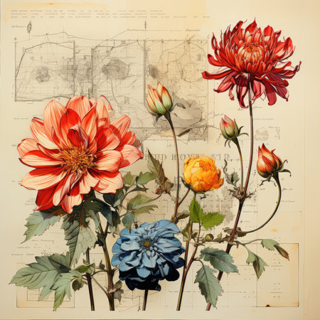 dahlias Botanical Scrapbook Sketches flowers illustration collage postcard print bouquet posterの素材