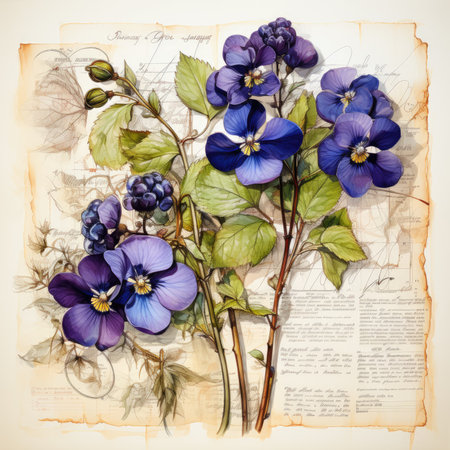 violet Botanical Scrapbook Sketches flowers illustration collage postcard print bouquet posterの素材