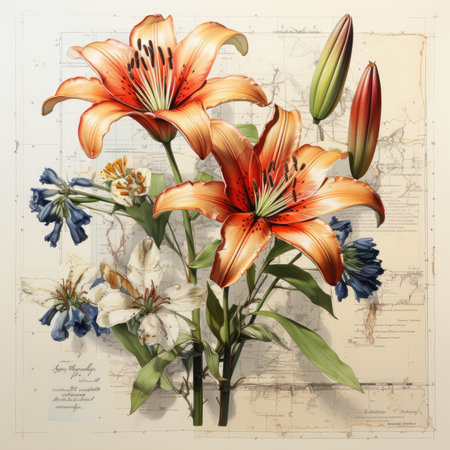 lily Botanical Scrapbook Sketches flowers illustration collage postcard print bouquet posterの素材
