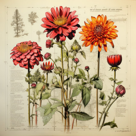 dahlias Botanical Scrapbook Sketches flowers illustration collage postcard print bouquet posterの素材