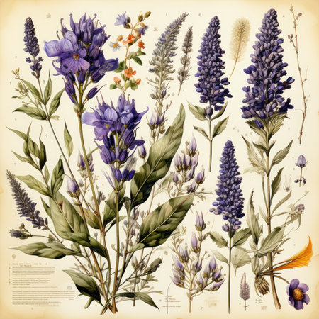lavender Botanical Scrapbook Sketches flowers illustration collage postcard print bouquet posterの素材
