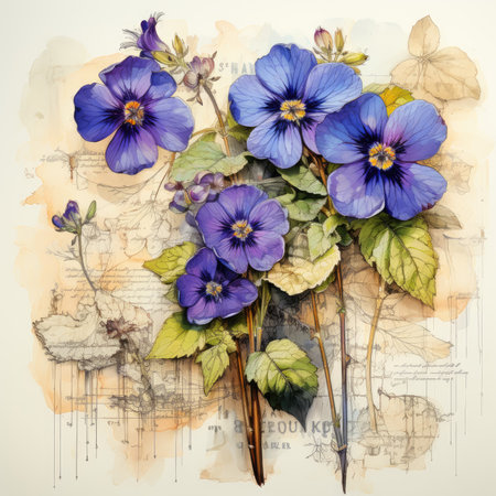 violet Botanical Scrapbook Sketches flowers illustration collage postcard print bouquet posterの素材