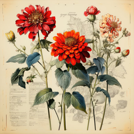 dahlias Botanical Scrapbook Sketches flowers illustration collage postcard print bouquet posterの素材