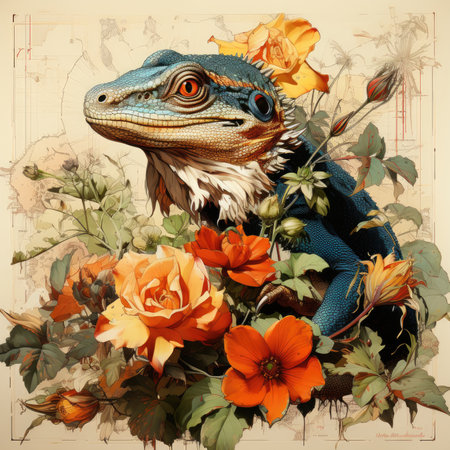lizard Botanical Scrapbook Sketches flowers illustration collage postcard print bouquet posterの素材