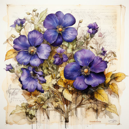 violet Botanical Scrapbook Sketches flowers illustration collage postcard print bouquet posterの素材