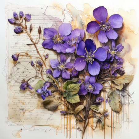 violet Botanical Scrapbook Sketches flowers illustration collage postcard print bouquet posterの素材