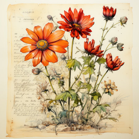 chamomile Botanical Scrapbook Sketches flowers illustration collage postcard print bouquet posterの素材