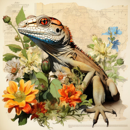 lizard Botanical Scrapbook Sketches flowers illustration collage postcard print bouquet posterの素材