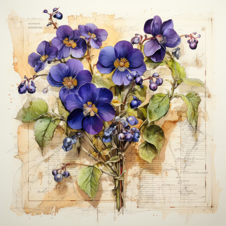 violet Botanical Scrapbook Sketches flowers illustration collage postcard print bouquet posterの素材