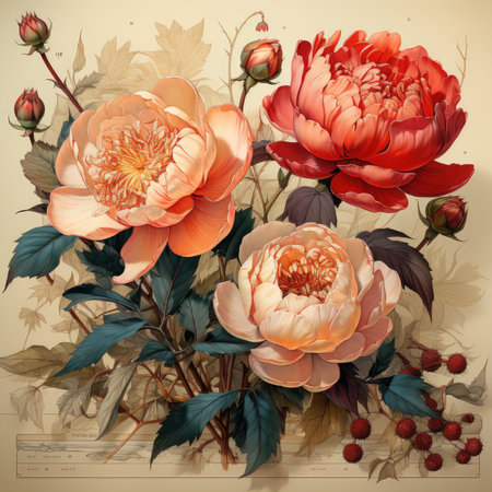 peony Botanical Scrapbook Sketches flowers illustration collage postcard print bouquet posterの素材