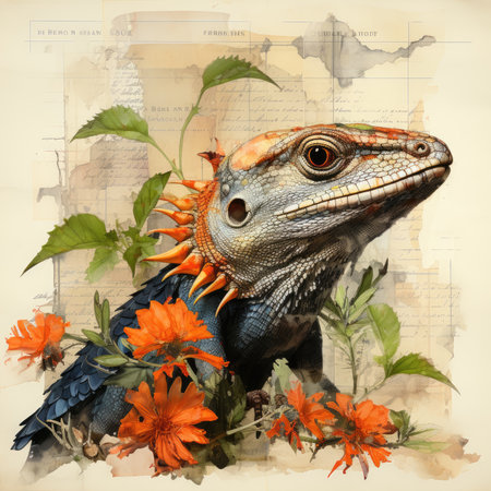 lizard Botanical Scrapbook Sketches flowers illustration collage postcard print bouquet posterの素材