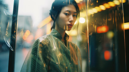 asian thai Street dreamy photo sad woman model window looking at camera portrait reflection soft vintage glareの素材