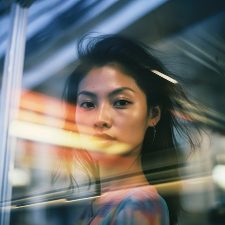 asian thai Street dreamy photo sad woman model window looking at camera portrait reflection soft vintage glareの素材