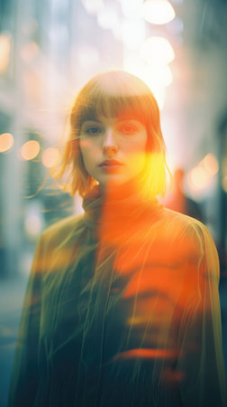 Street dreamy photo sad woman model window looking at camera portrait reflection soft vintage glare young prettyの素材