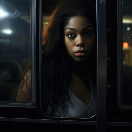 Street dreamy photo sad black woman model window looking at camera portrait reflection soft vintage glareの素材