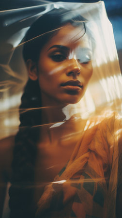Street dreamy photo sad woman model window looking at camera portrait reflection soft vintage glareの素材