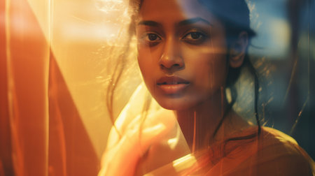 Street dreamy photo sad woman model window looking at camera portrait reflection soft vintage glareの素材