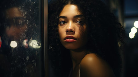Street dreamy photo sad woman model window looking at camera portrait reflection soft vintage glareの素材