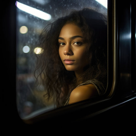 Street dreamy photo sad black woman model window looking at camera portrait reflection soft vintage glareの素材