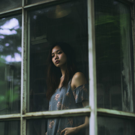 dreamy street photo cute pretty young woman glass window reflection glare glowy sadnessの素材