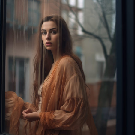 dreamy street photo cute pretty young woman glass window reflection glare glowy sadnessの素材