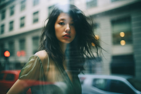 dreamy street photo cute pretty young woman glass window reflection glare glowy sadnessの素材