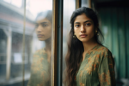 dreamy street photo cute pretty young woman glass window reflection glare glowy sadnessの素材