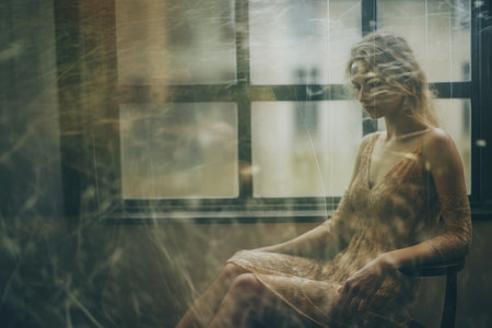 dreamy street photo cute pretty young woman glass window reflection glare glowy sadnessの素材