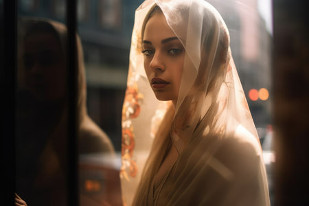 dreamy street photo cute pretty young woman glass window reflection glare glowy sadnessの素材