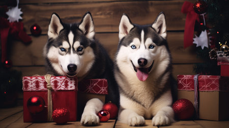 Cute dog puppy with christmas gift boxes concept photo poster merry present red new year white red dogの素材
